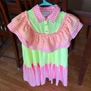 Queen of Sparkles Neon Checkered Gingham Sequin Ruffle Dress Size Small